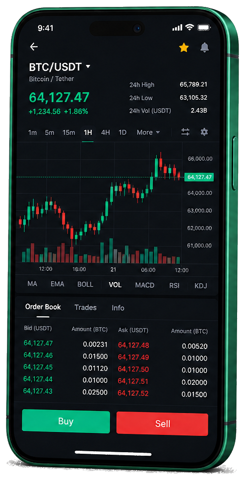 Frisse Kapitholm mobiel handelsplatform — live BTC/USDT grafiek, orderboek en koop/verkoop interface